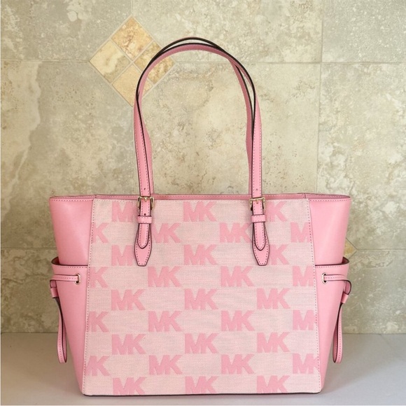 Michael Kors Gilly Large Drawstring Tote Shoulder Bag MK Graphic Logo Carnation - Picture 4 of 10